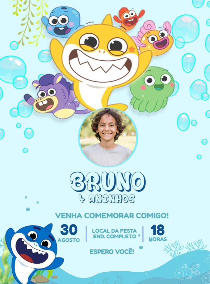 Convite Aniversário Baby Shark Big Show com Foto para Editar