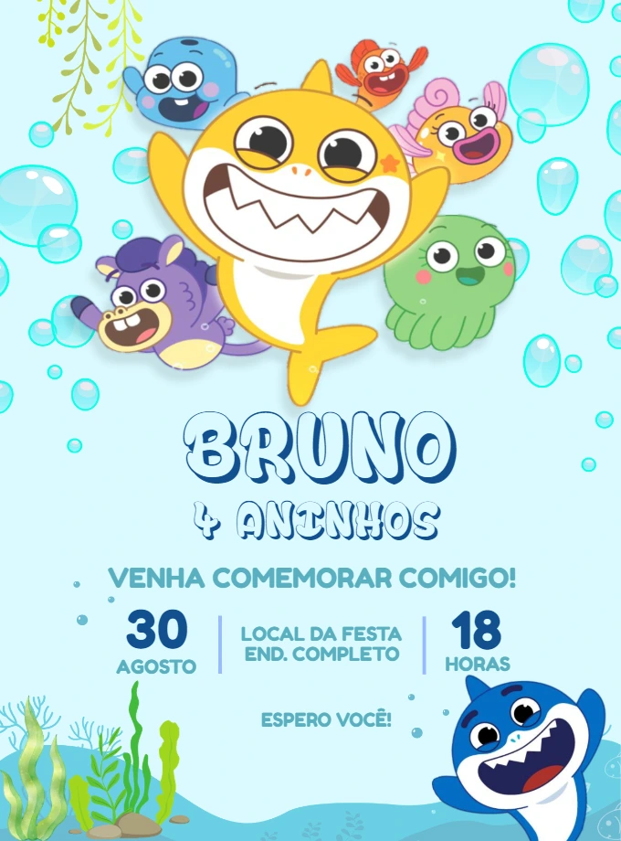 Convite Aniversário Baby Shark Big Show para Editar Online