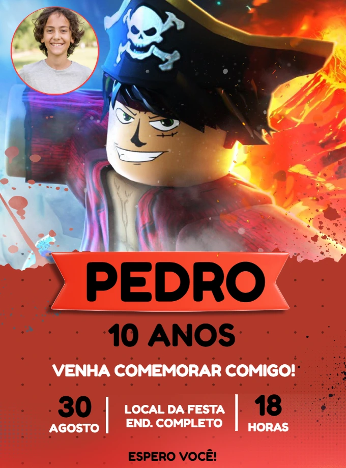 Convite Aniversário Blox Fruits com Foto para Editar Online