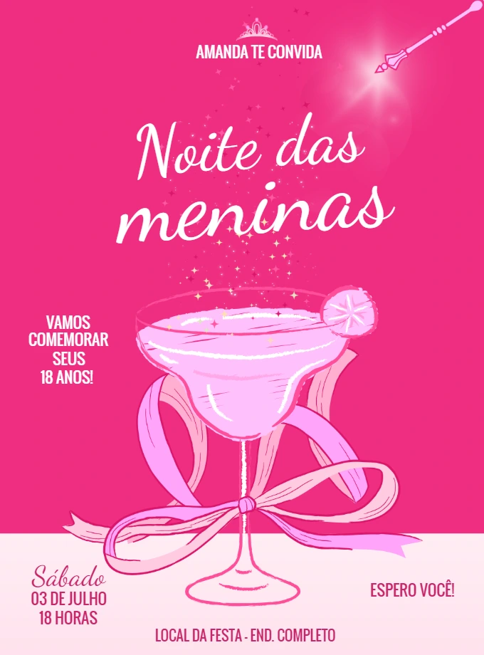 Convite Aniversário Noite das Meninas Rosa para Editar Online
