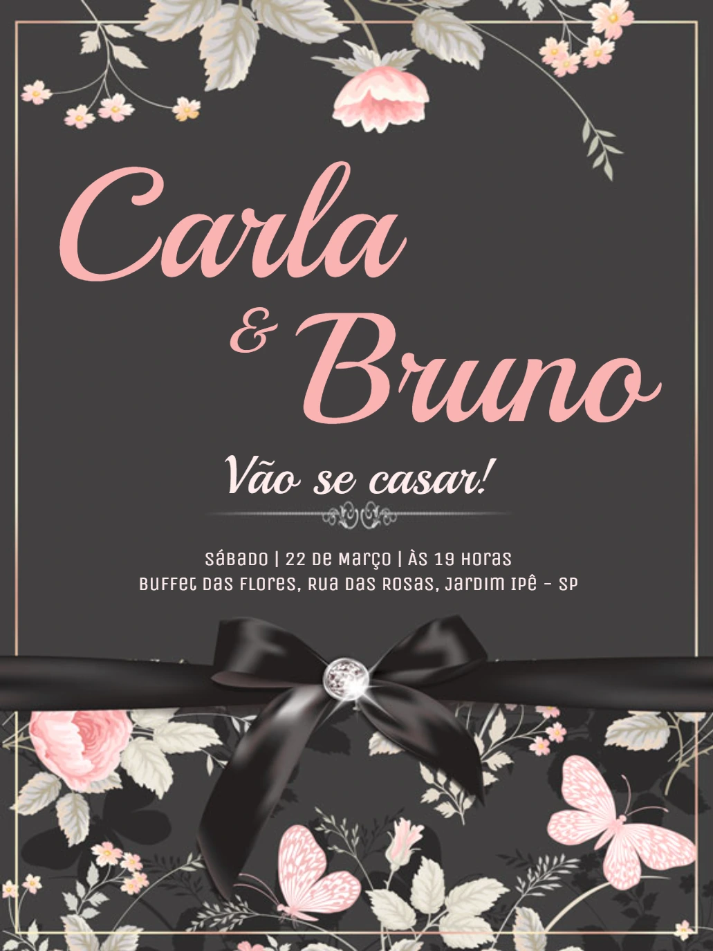 Convite de Casamento Floral Preto e Rosa para Editar Online