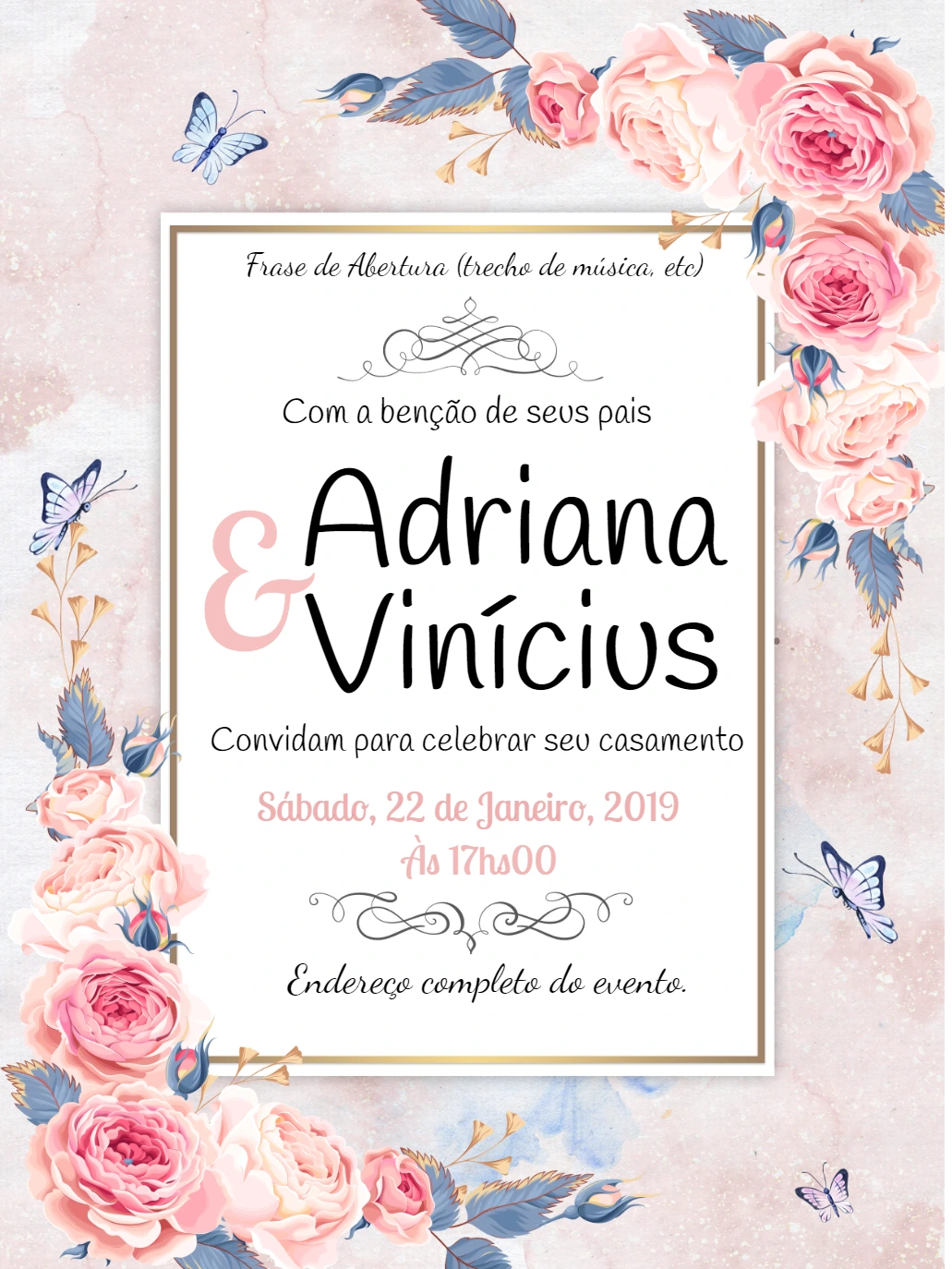 Convite de Casamento Floral com Rosas Rosas para Editar Online