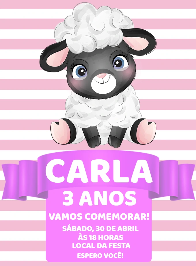 Convite de Aniversário Ovelhinha Rosa para Editar Online