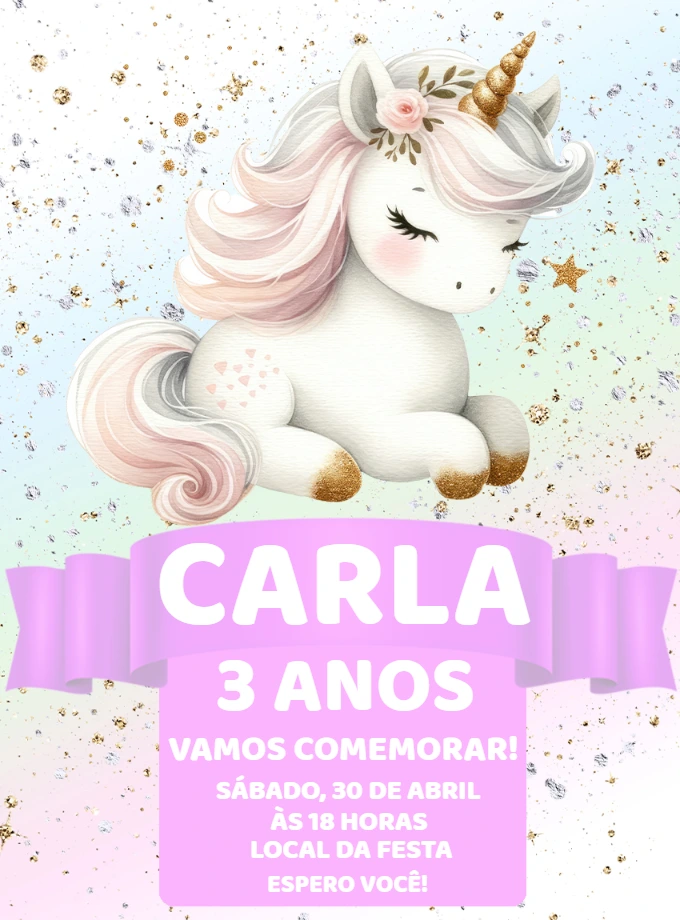 Convite de Aniversário Unicórnio Fofo para Editar Online