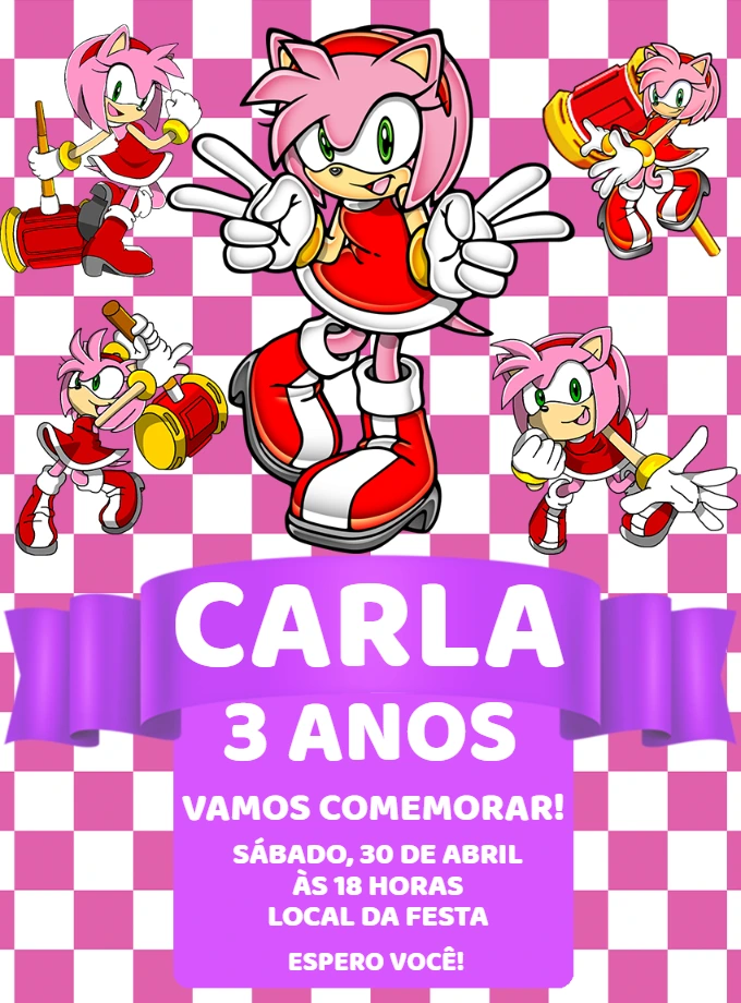 Convite Aniversário Amy Rose Sonic para Editar Online