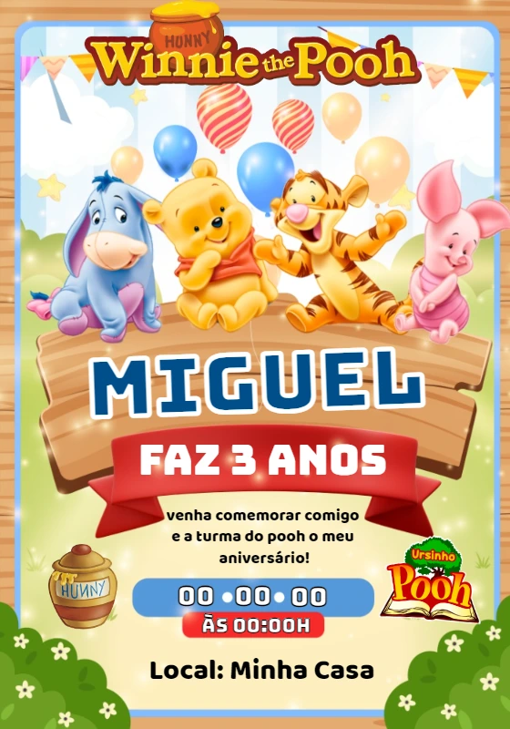 Convite Aniversário Ursinho Pooh Baby para Editar Online