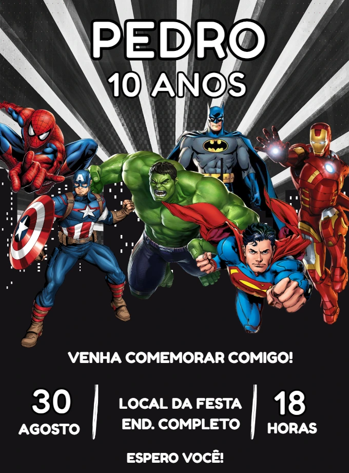 Convite de Aniversário Super Heróis para Editar Online