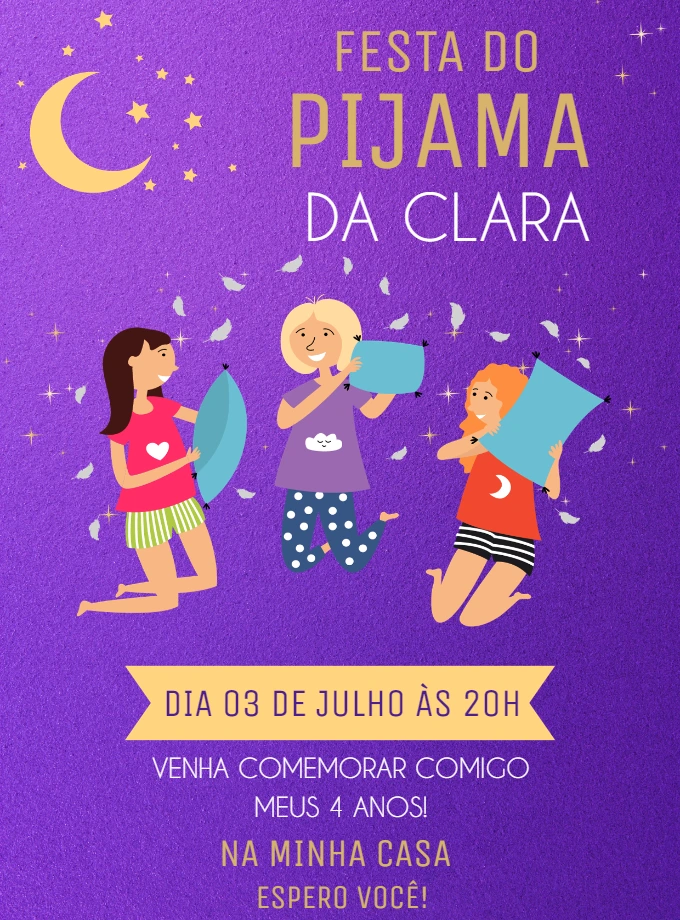 Convite de Aniversário Festa do Pijama com Meninas para Editar
