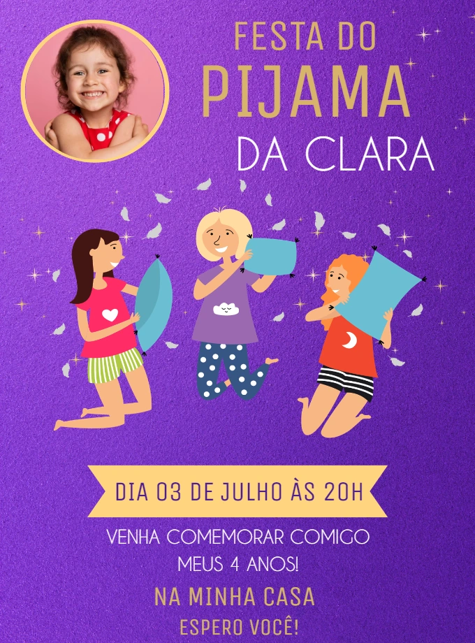 Convite Festa do Pijama com Foto para Editar Online