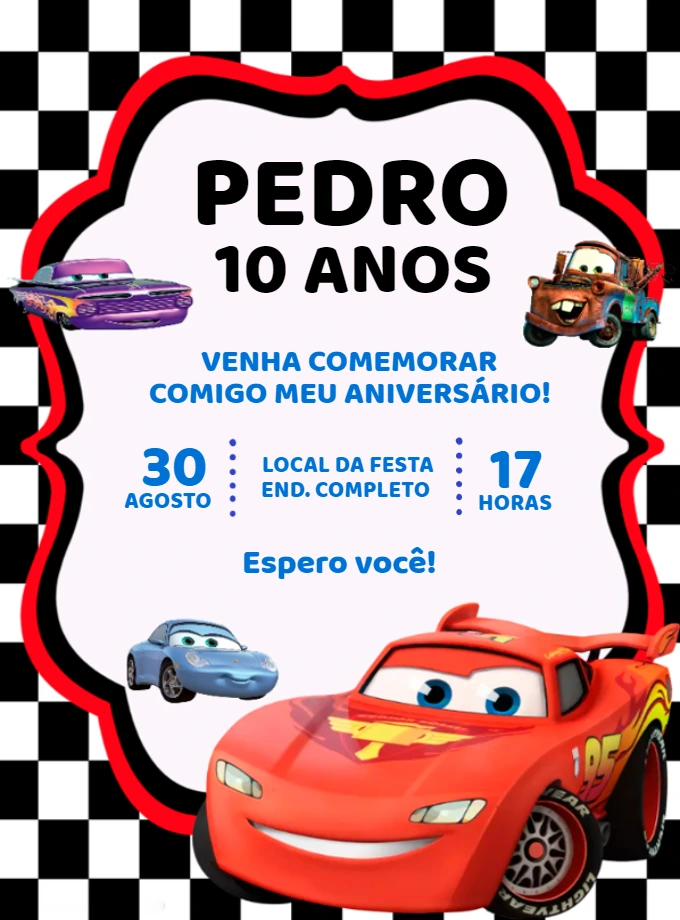 Convite de Aniversário Carros com Relâmpago McQueen para Editar