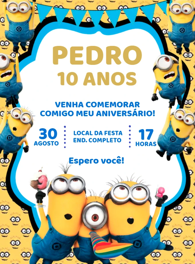 Convite de Aniversário Minions para Editar e Enviar Online