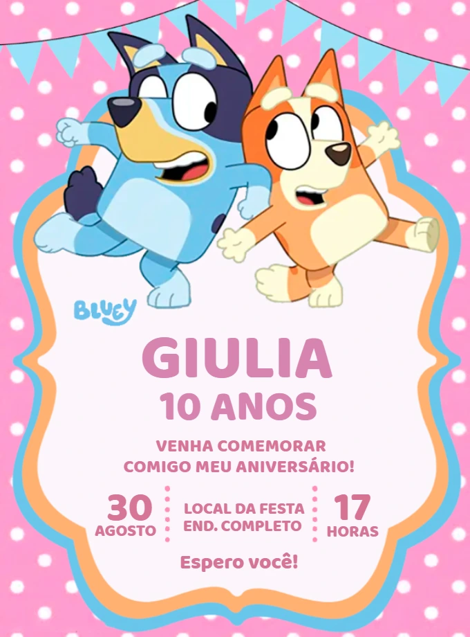 Convite de Aniversário Bluey e Bingo Rosa para Editar Online