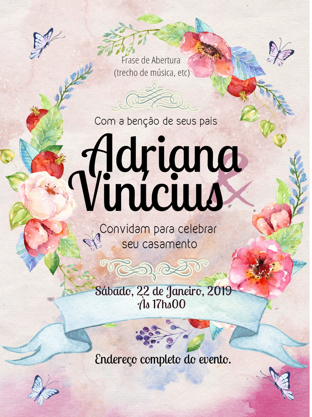 Convite de Casamento Floral Aquarela para Editar Online