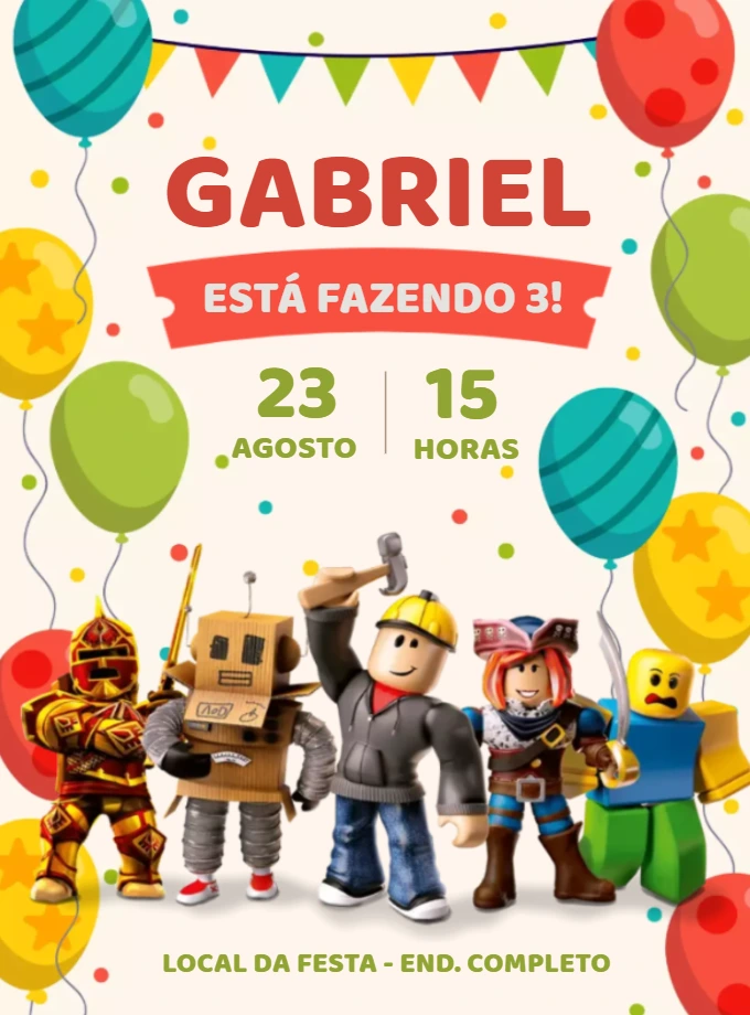 Convite de Aniversário Roblox com Personagens para Editar