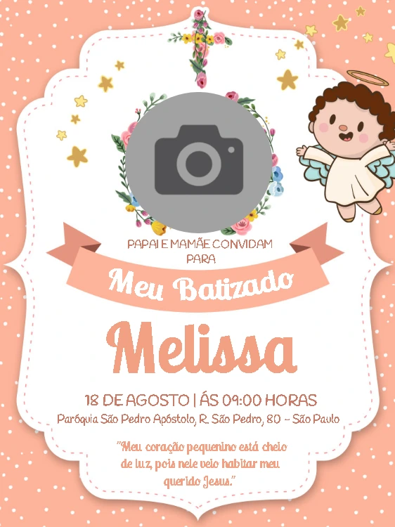 Convite de Batizado com Foto Anjinha para Editar Online