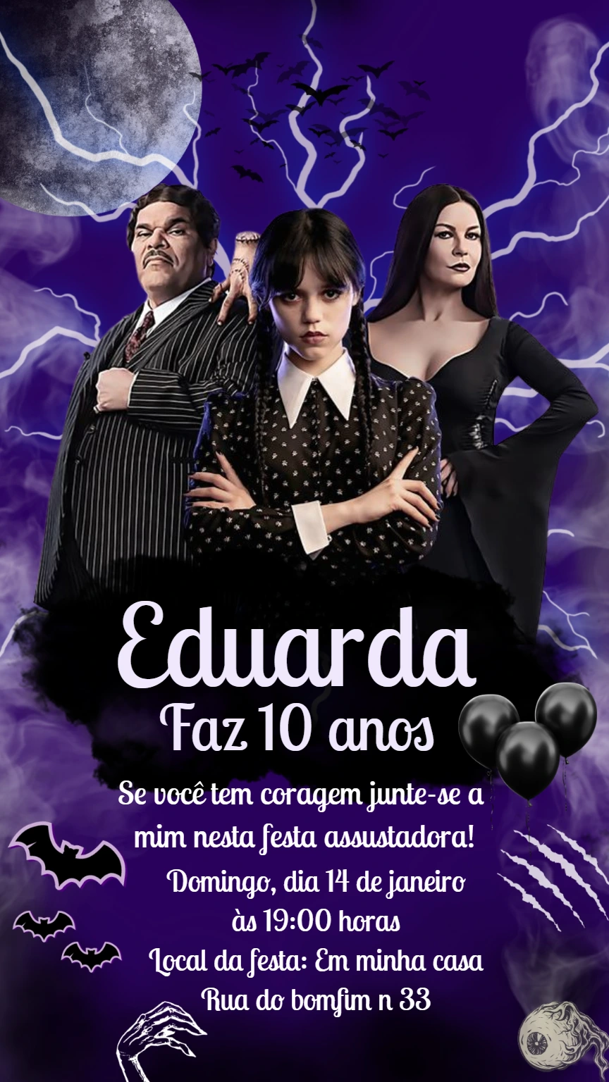 Convite de Aniversário Wandinha Addams com Personagens para Editar