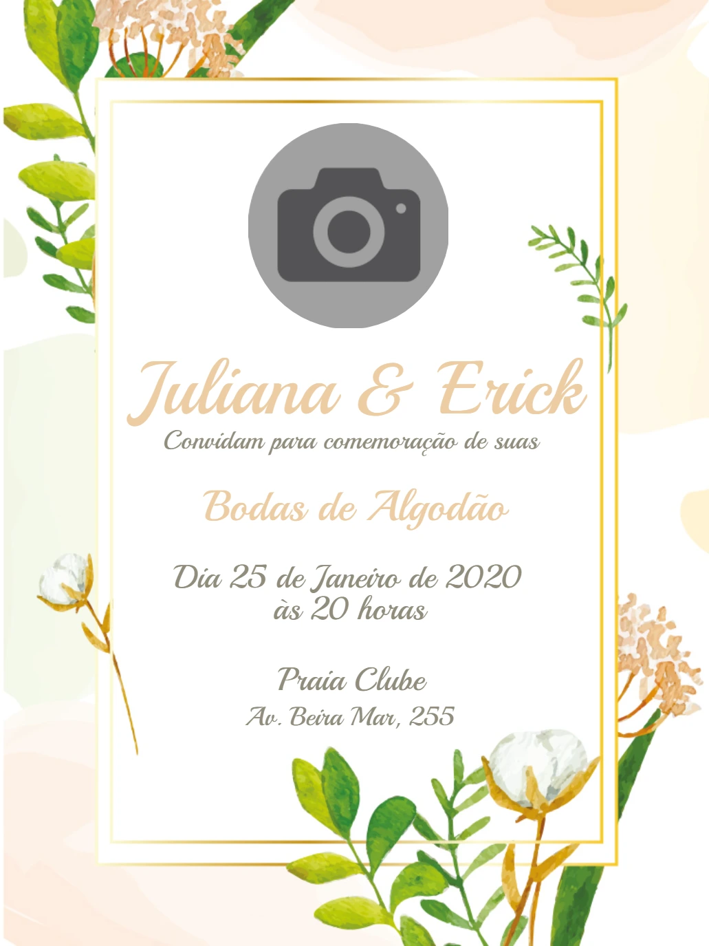 Convite Bodas de Algodão Floral com Foto para Editar Online