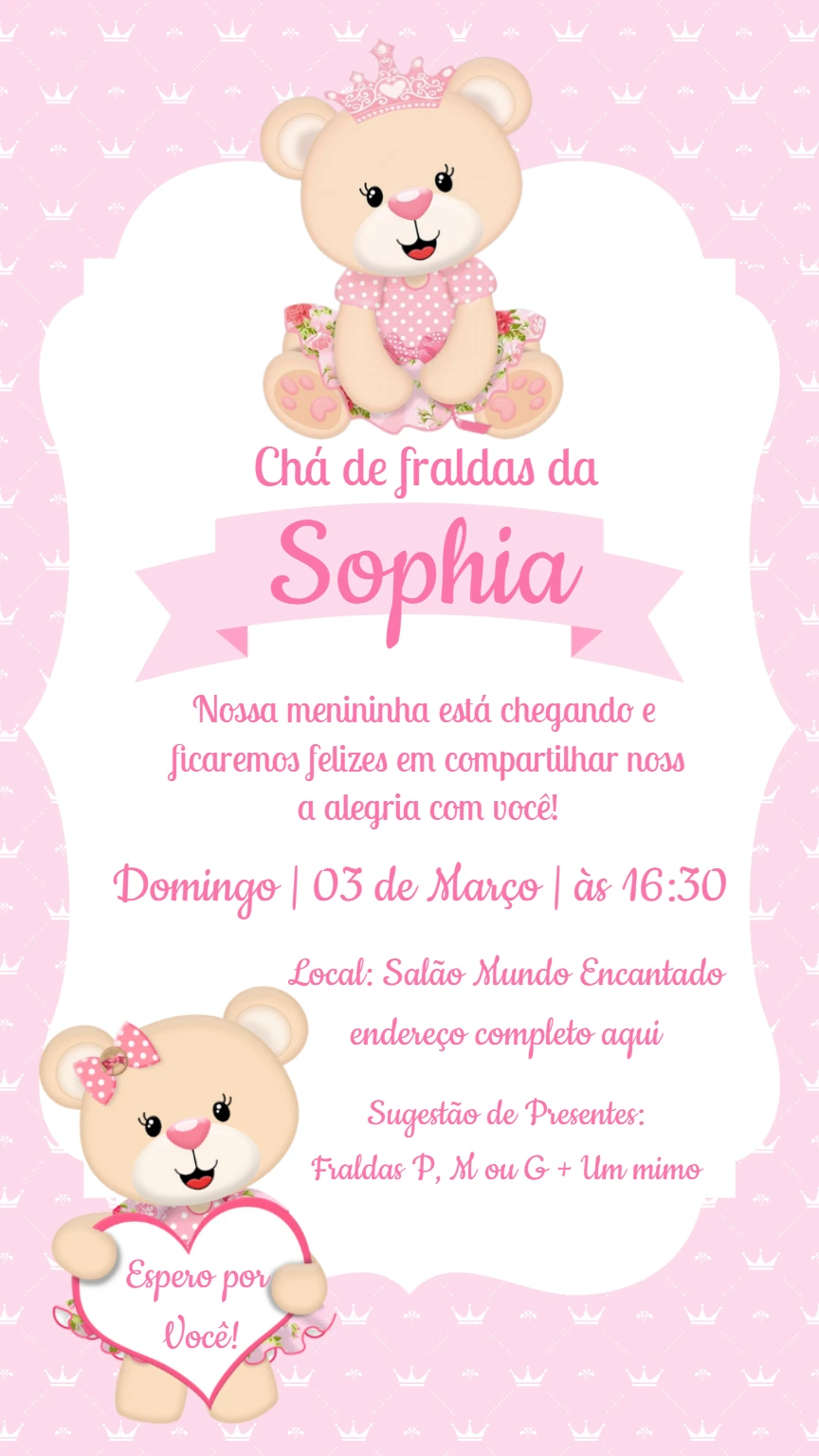 Convite Chá de Fraldas Ursinha Princesa para Editar Online