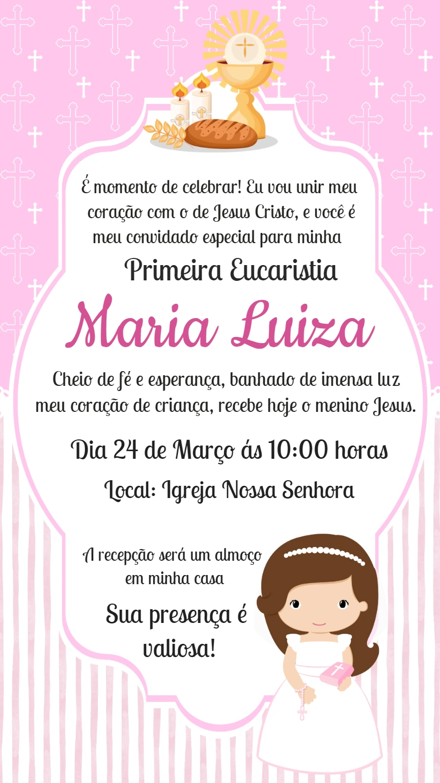 Convite Primeira Eucaristia Menina Rosa para Editar Online