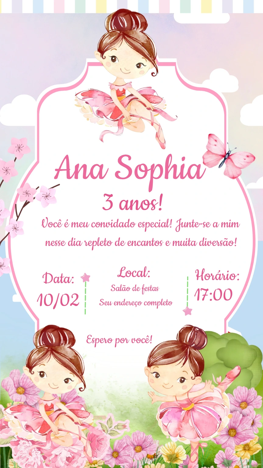 Convite Aniversário Bailarina Aquarela para Editar Online