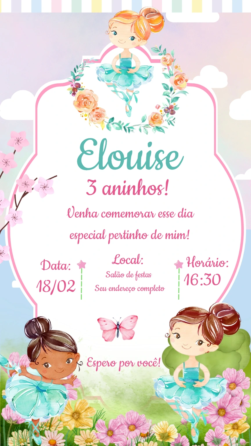 Convite Aniversário Bailarina Aquarela para Editar Online