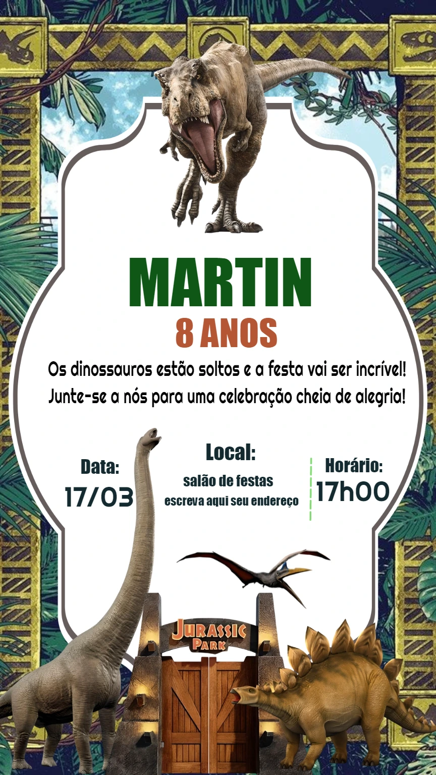 Convite de Aniversário Dinossauro Jurassic Park para Editar