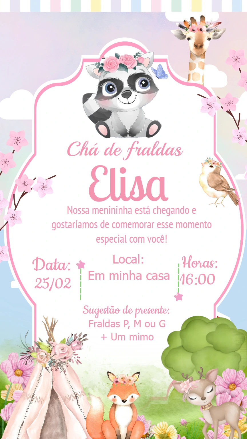 Convite Chá de Fraldas Bosque Encantado para Editar Online