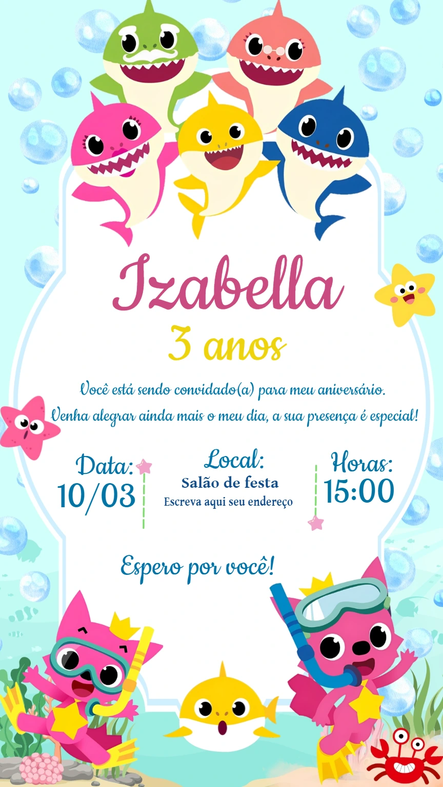 Convite de Aniversário Baby Shark para Editar Online