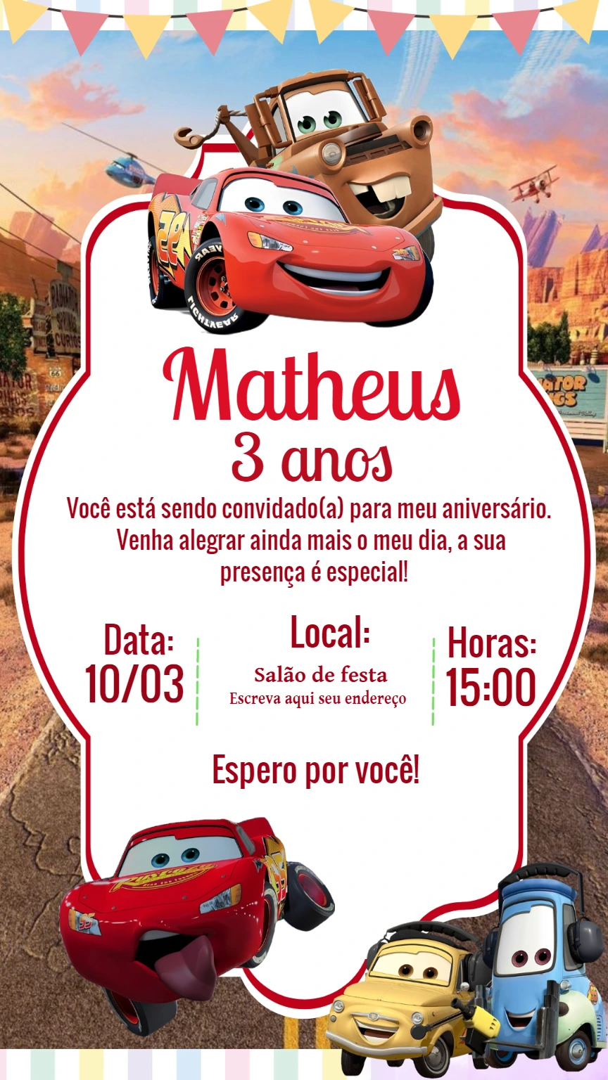 Convite de Aniversário Carros Relâmpago McQueen para Editar