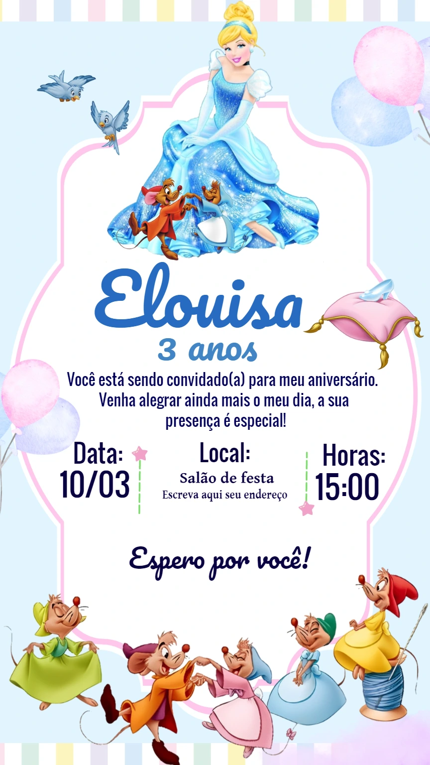 Convite Aniversário Cinderela com Ratinhos para Editar Online