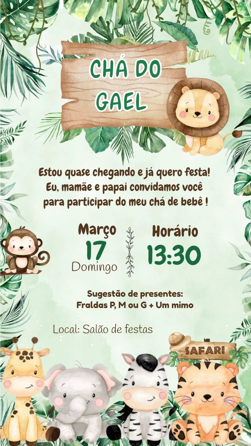 Convite Chá de Bebê Safari com Animais para Editar Online