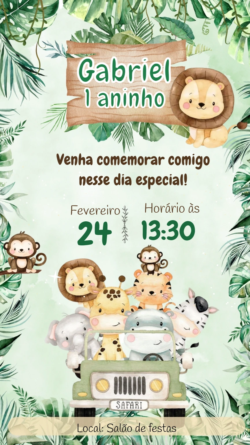 Convite Aniversário Safari com Animais Fofos para Editar Online