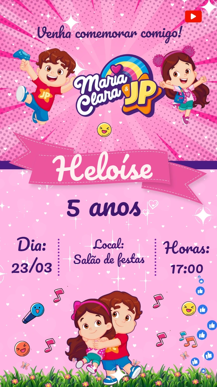 Convite de Aniversário Maria Clara e JP para Editar Online