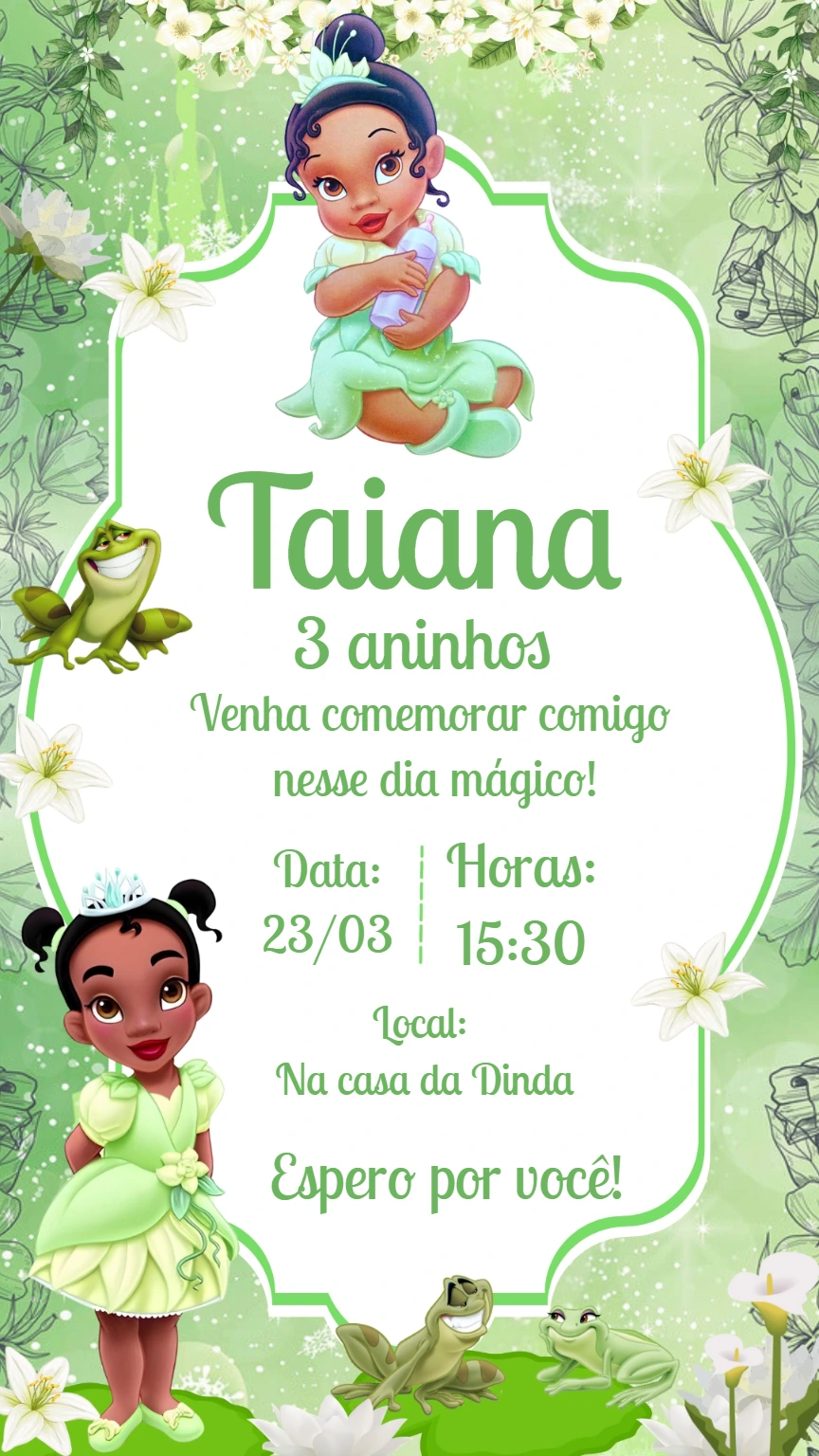 Convite Aniversário Princesa Tiana Baby para Editar Online