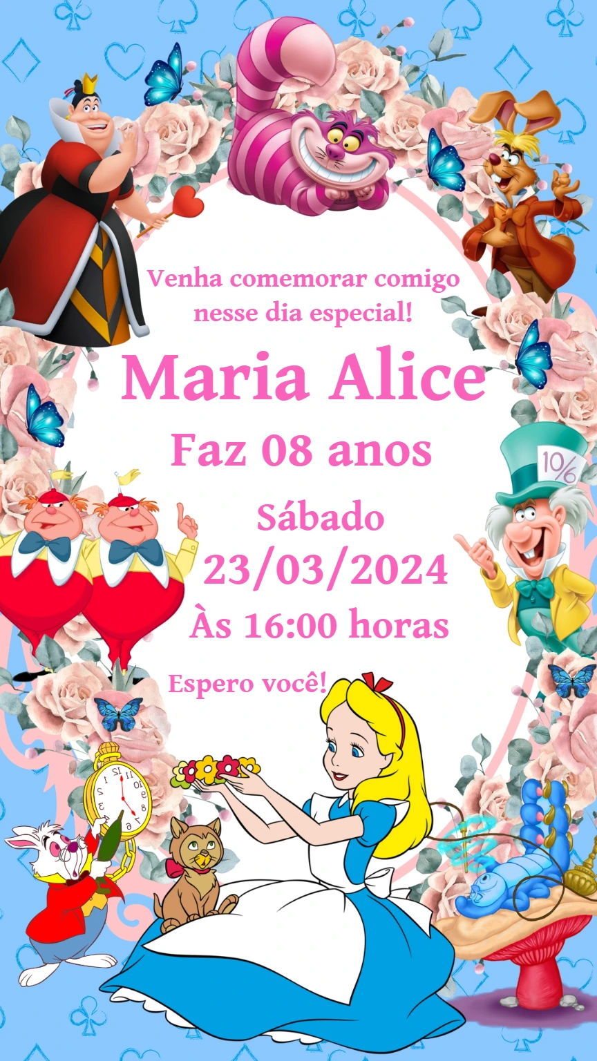 Convite Aniversário Alice no País das Maravilhas para Editar Online
