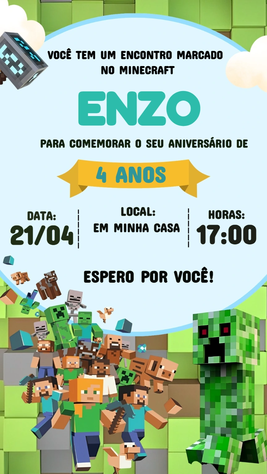 Convite de Aniversário Minecraft com Personagens para Editar Online