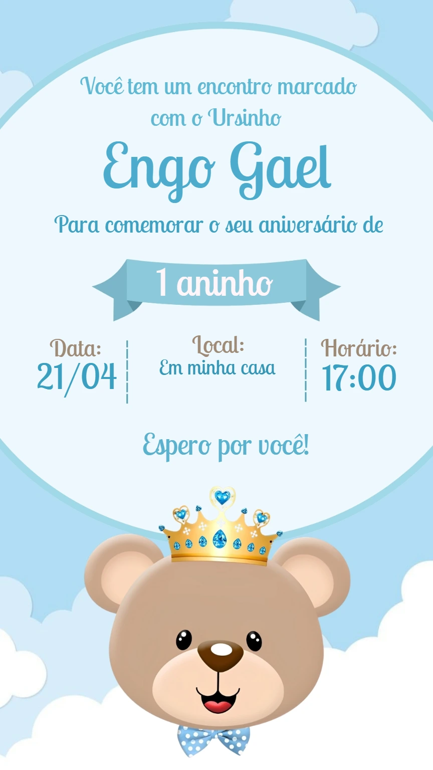 Convite Aniversário Ursinho Príncipe Editável Online