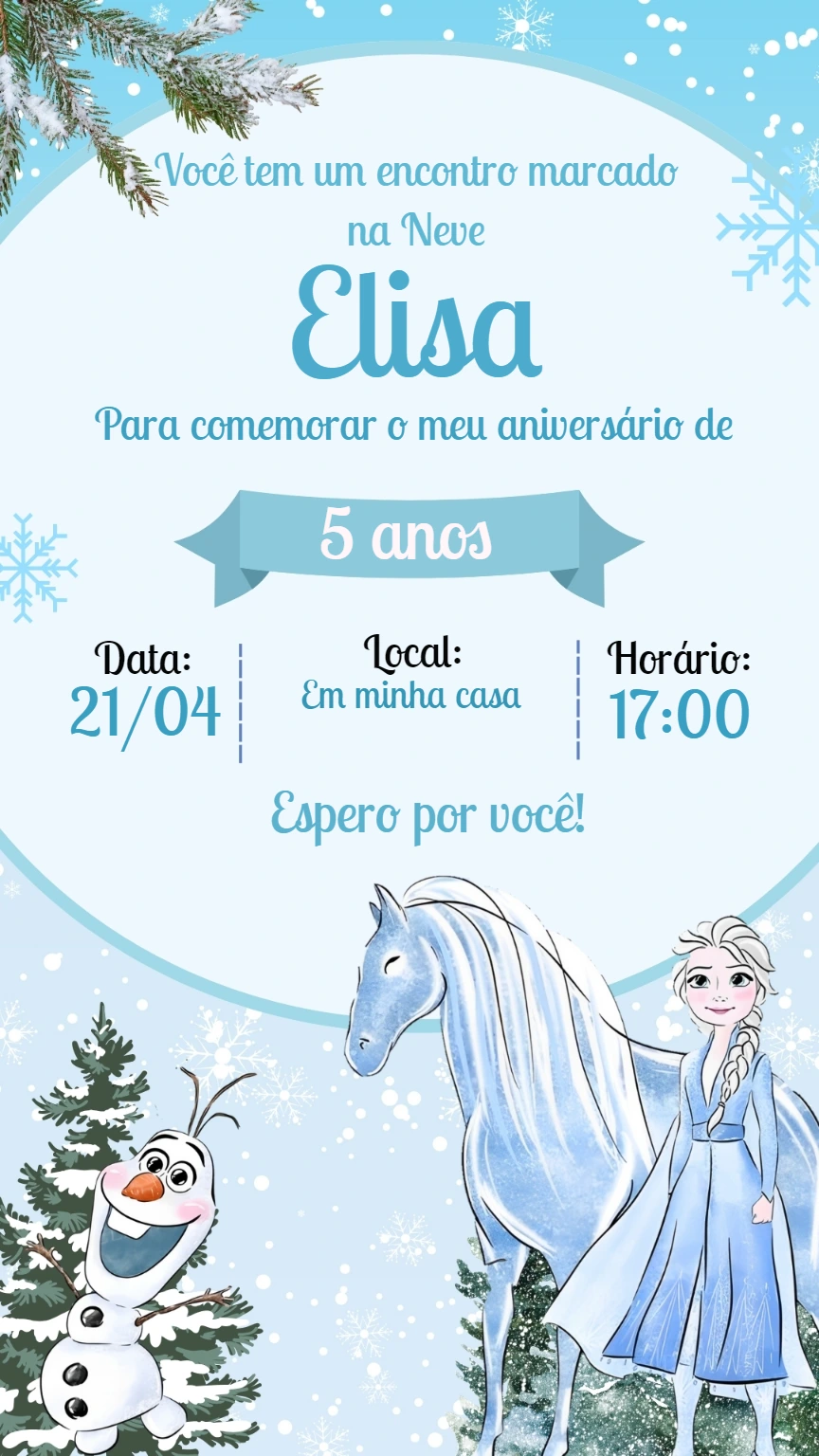 Convite Aniversário Frozen Elsa e Olaf para Editar Online