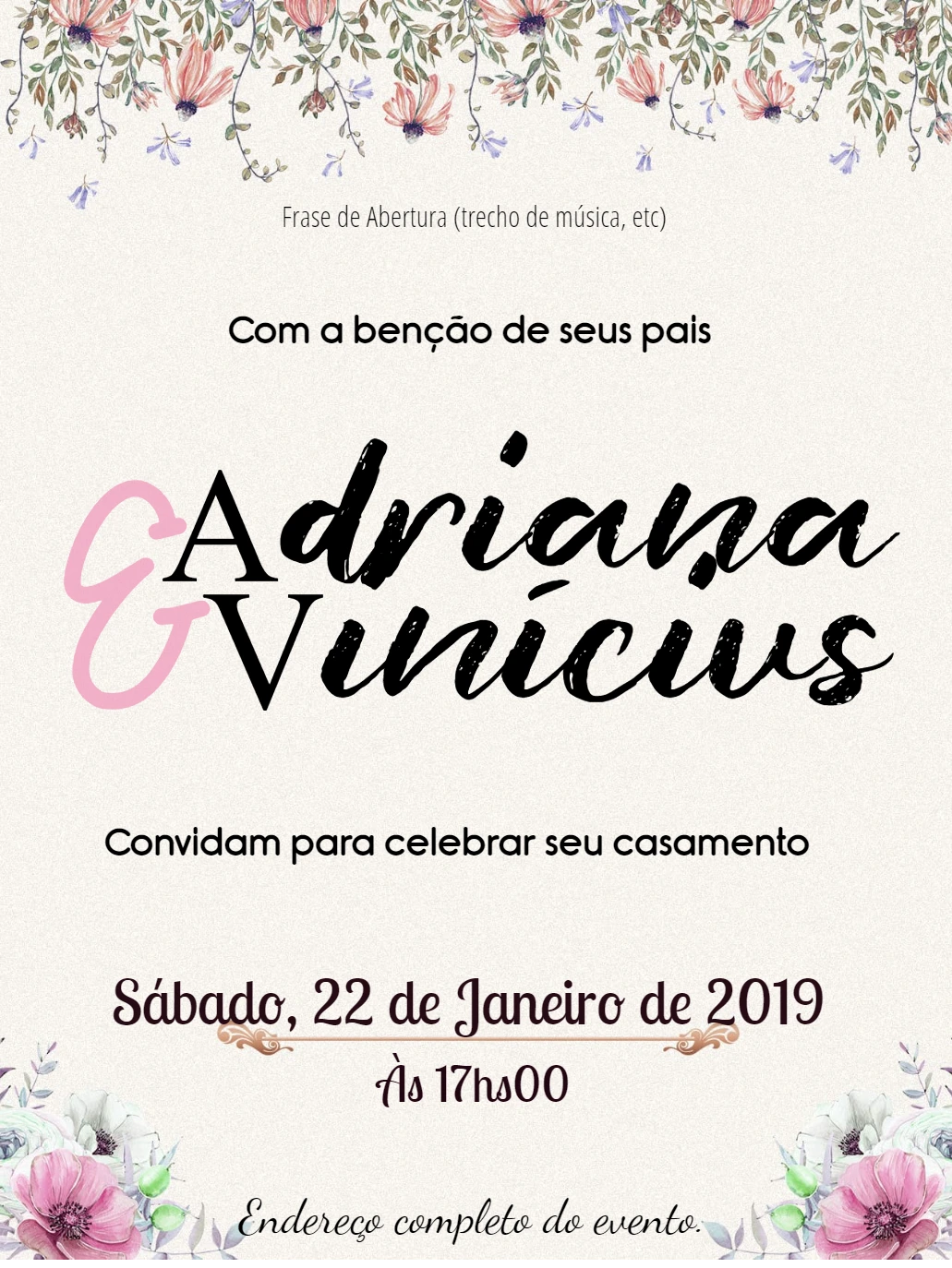 Convite de Casamento Floral Romântico para Editar Online