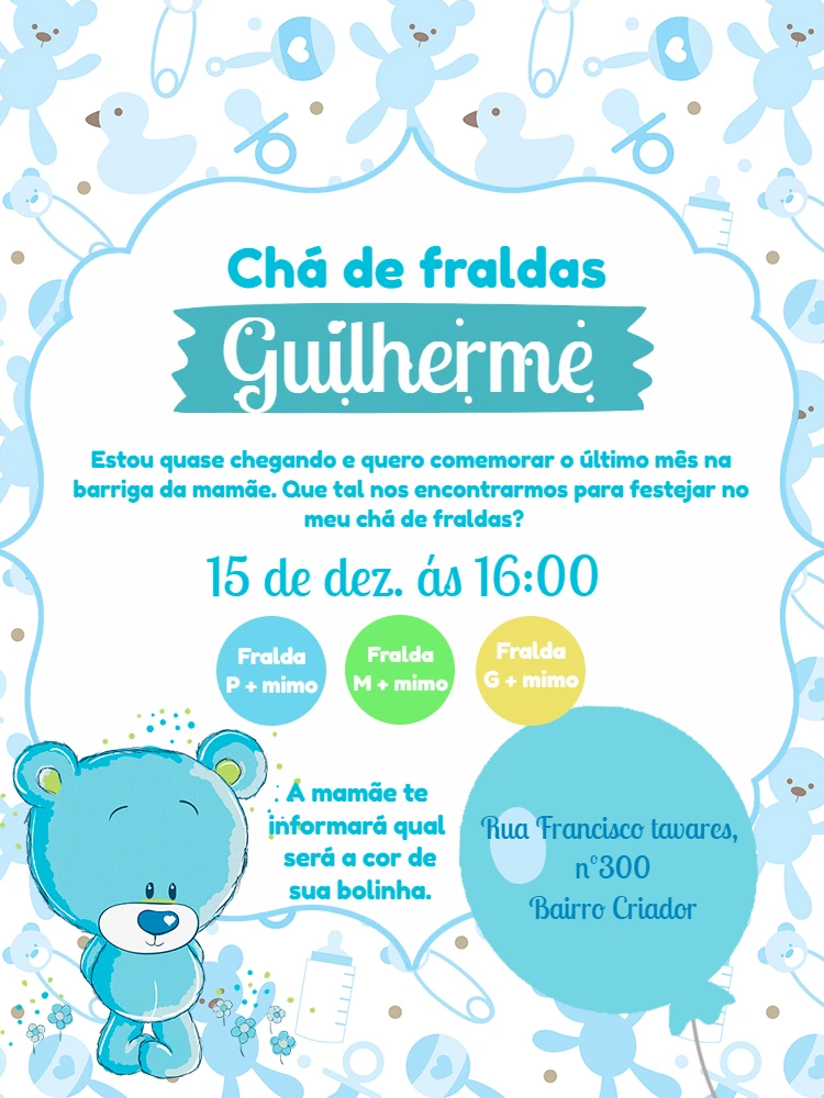 Convite Chá de Fraldas Ursinho Azul para Editar Online