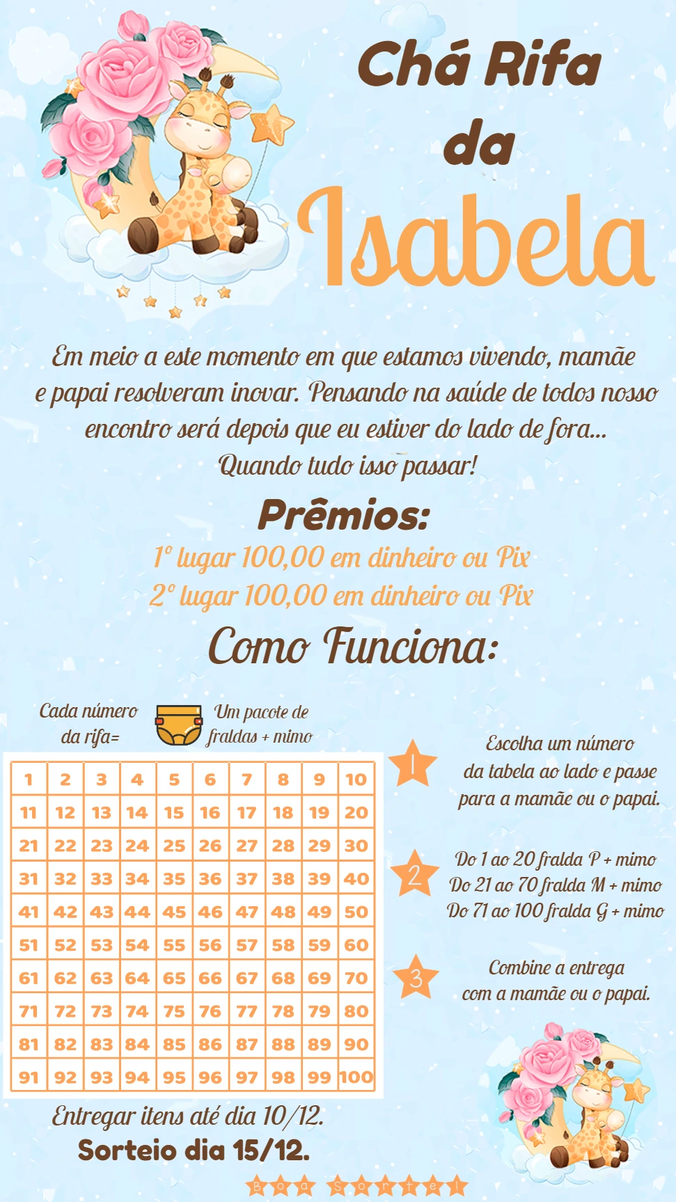 Convite Chá Rifa Girafinha Fofa para Editar Online