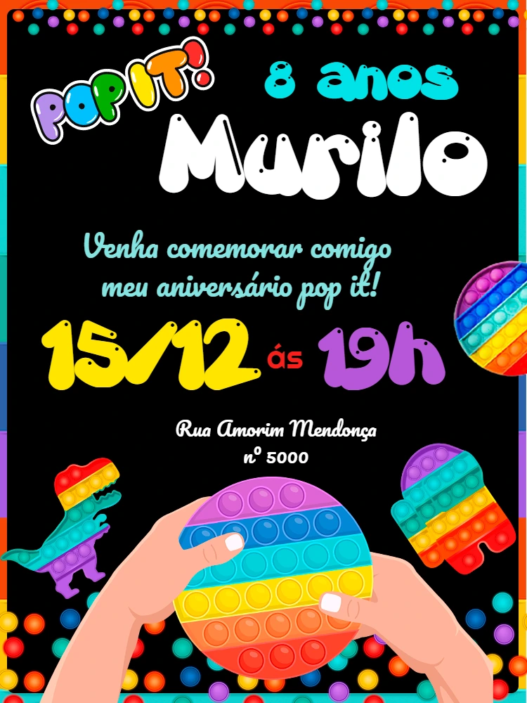 Convite de Aniversário Pop It Fidget Toys para Editar Online