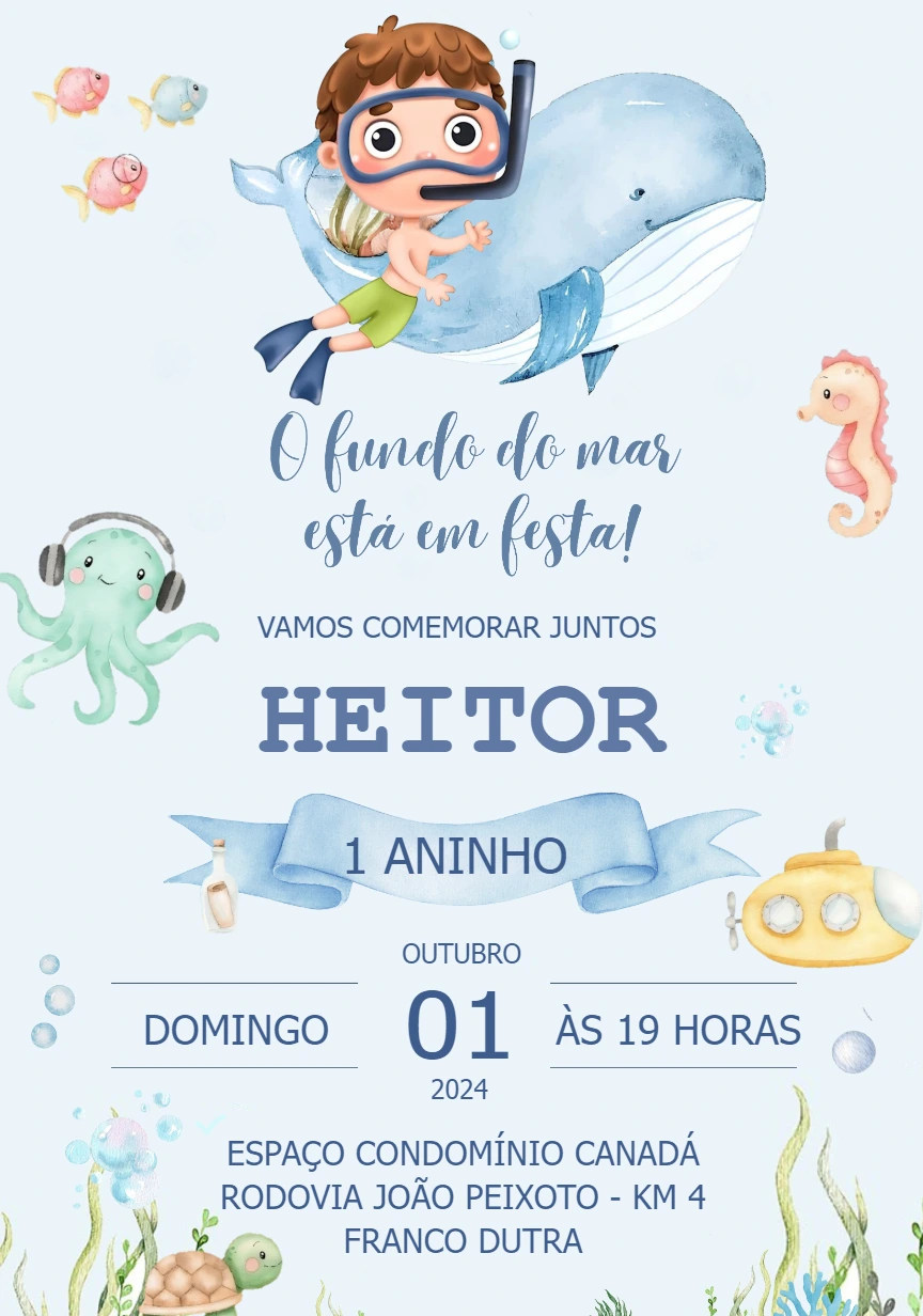 Convite Aniversário Fundo do Mar Aquarela para Editar Online