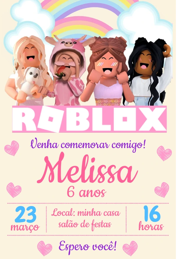 Convite Aniversário Roblox Menina com Personagens para Editar