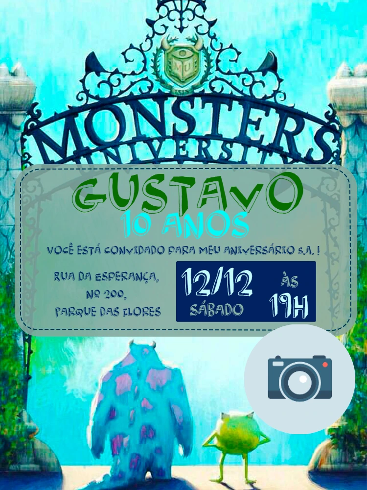 Convite Aniversário Monstros S.A. com Foto para Editar Online