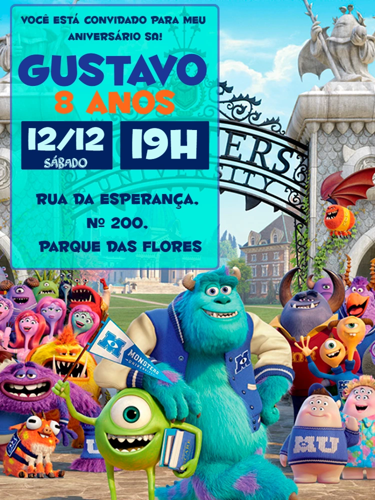 Convite Aniversário Monstros S.A. Universidade para Editar