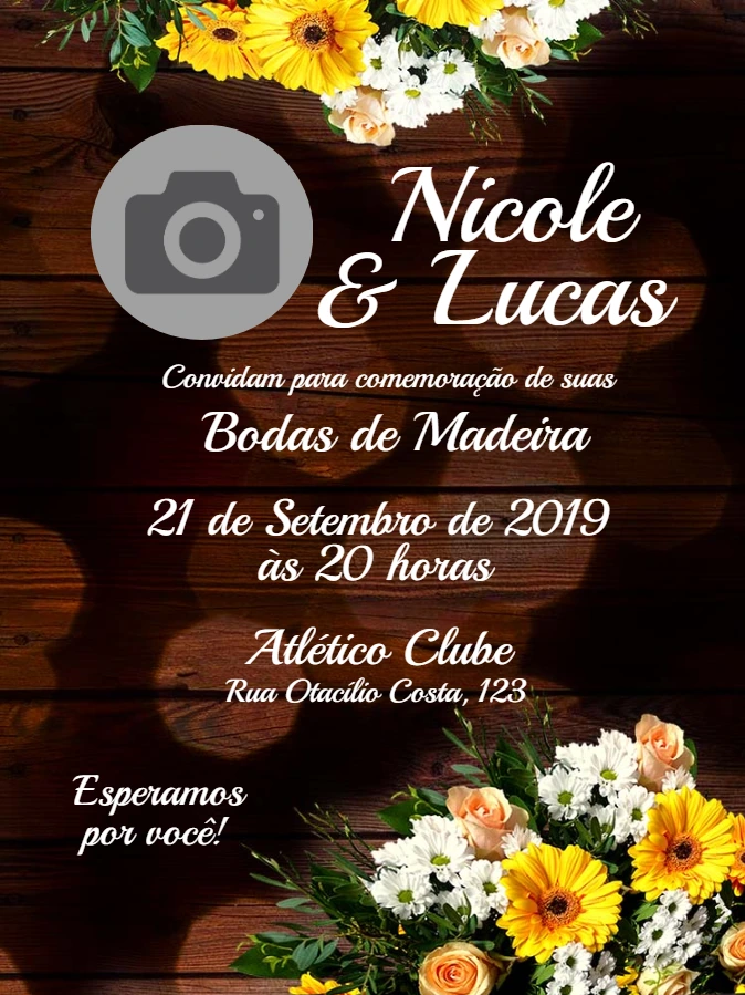 Convite Bodas de Madeira Rústico com Foto para Editar Online