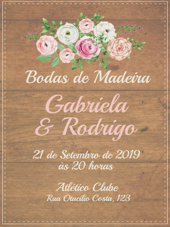 Convite Bodas de Madeira Floral Rústico para Editar Online