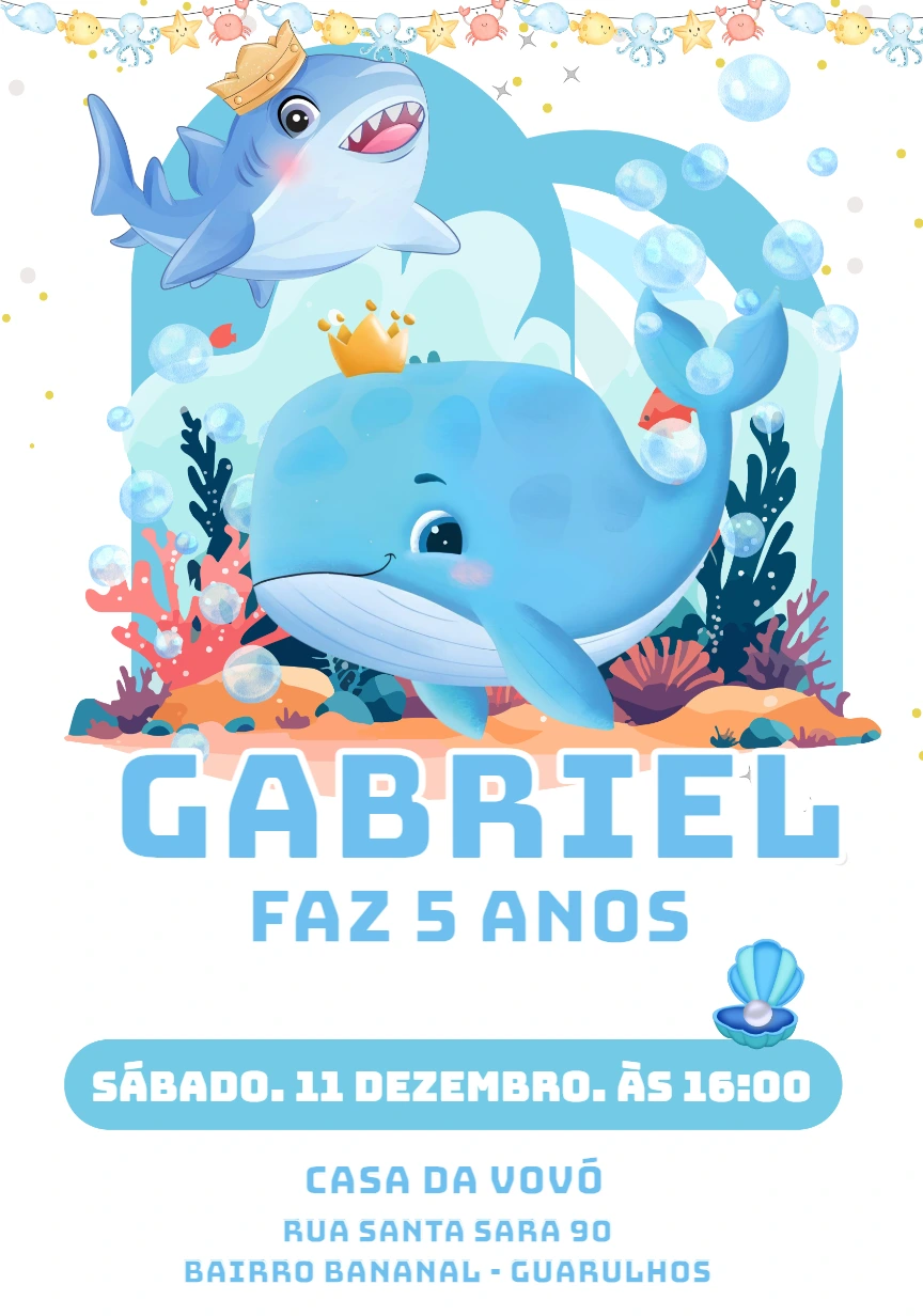 Convite Aniversário Fundo do Mar com Baleia para Editar Online