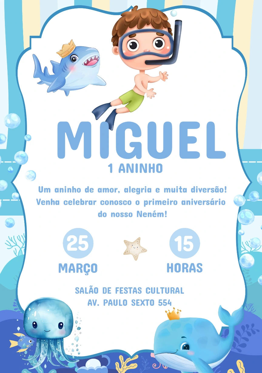 Convite Aniversário Fundo do Mar Menino para Editar Online